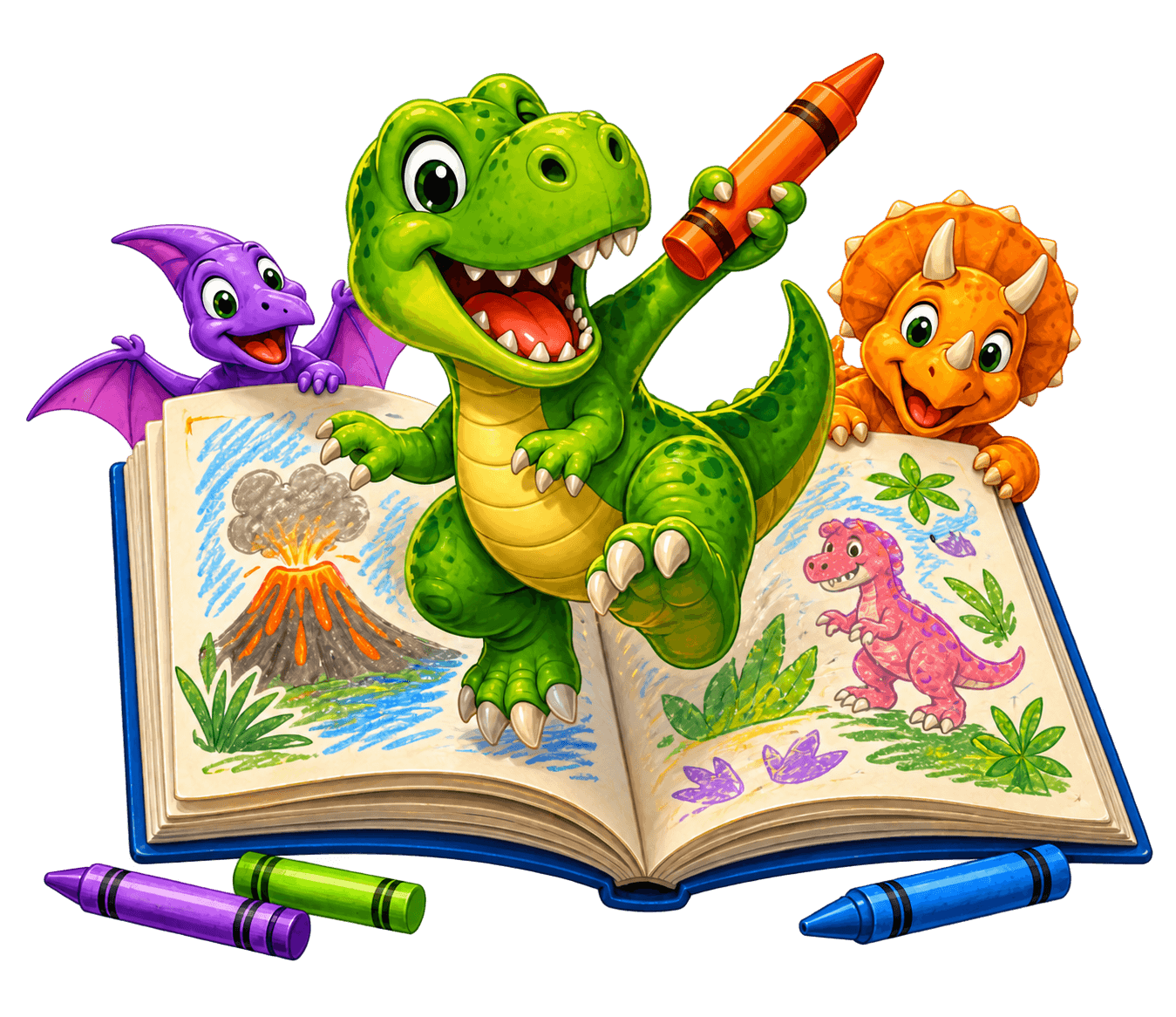 Three cheerful dinosaurs exploring an activity book